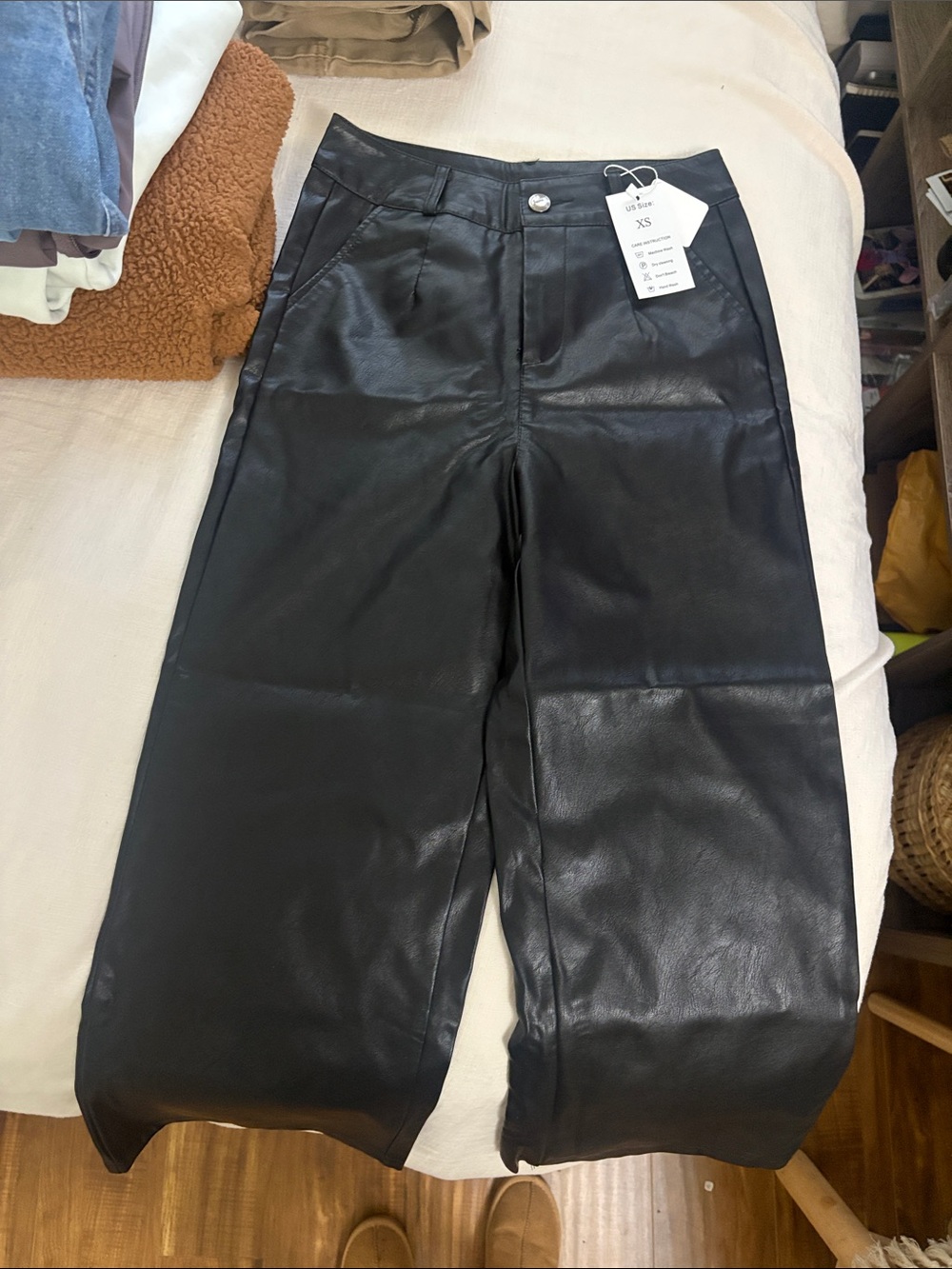 Wide Leg Faux Leather Jeans - Black